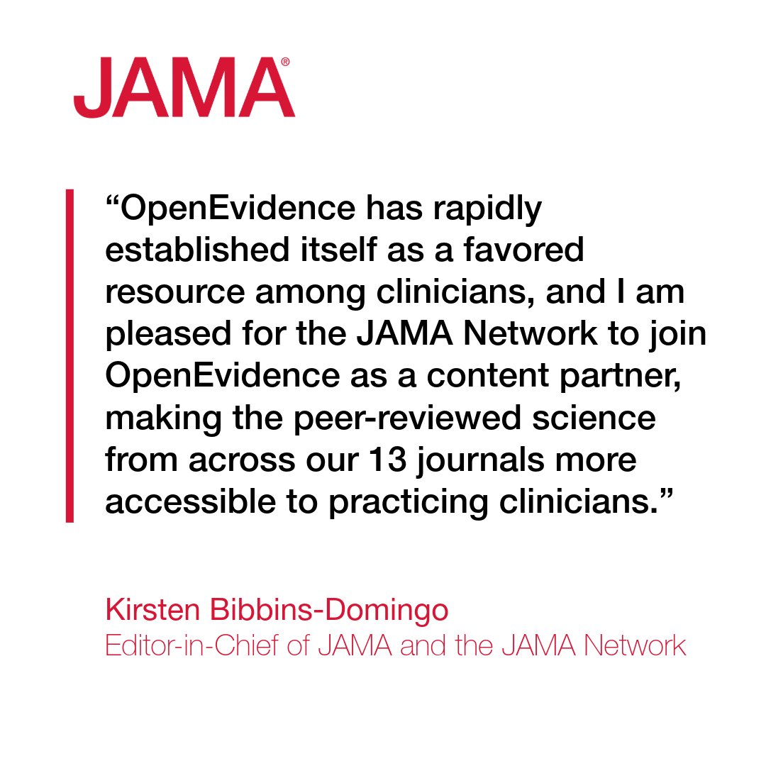 JAMA (@jama_current) on Twitter photo .<a href="/EvidenceOpen/">OpenEvidence</a>, a leading medical information #AI-powered platform for health care professionals, has signed a multi-year content agreement with the JAMA Network.
Learn more: ja.ma/4jvqwNn .<a href="/EvidenceOpen/">OpenEvidence</a>, a leading medical information #AI-powered platform for health care professionals, has signed a multi-year content agreement with the JAMA Network.
Learn more: ja.ma/4jvqwNn