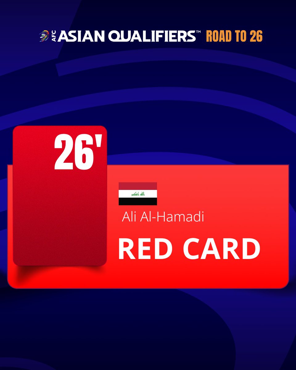 🟥 RED CARD | 🇮🇶 Iraq 

Ali Al Hamadi's night comes to an early end and Iraq are down to ten men! 

Watch Live 📺 gtly.to/8gLPUEOps 

#AsianQualifiers | #IRQvKOR