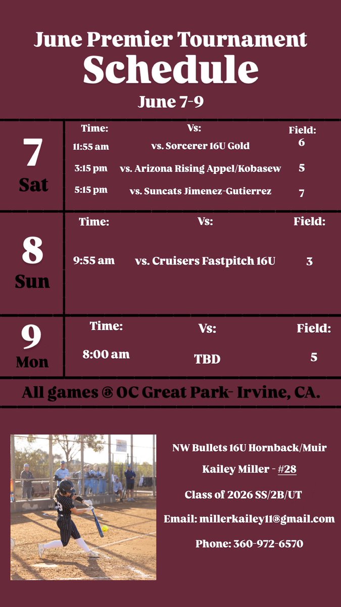 kailey_miller28's tweet photo. I am very excited to attend June Premier in California!! Below is my schedule.
@MontanaGrizSB @stef_ewing @PacificSoftball @sammduran28 @psuviksSB @CoachMeadowPSU 
 @IdahoStateSB @Drew_Rich1221 @WWU_Softball @UNC_BearsSB @UCLASoftball @UWSoftball @CoachTarr @CoachJVaughan https://t.co/b7zWx55gJr