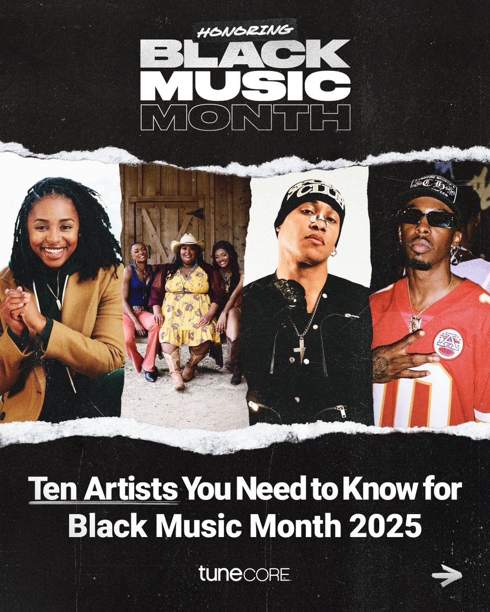 TuneCore's tweet image. In honor of Black Music Month, we’re shining a light on 10 independent TuneCore Artists who are making their voices heard. 

From breaking boundaries to setting new standards, these artists are shaping the future of music.