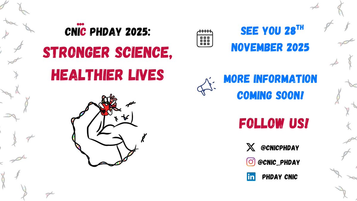 CNIC PhDay (@cnicphday) on Twitter photo We are back!! Welcome to CNIC PhDay 2025!! 🎉👨🔬👩🔬
This year, under the theme 💪"Stronger science, healthier lives" 🍎🏥, we’ll dive on November 28th into how top research powers better health🌍. 
Save the date and stay tuned! 
#cnicphday2025 We are back!! Welcome to CNIC PhDay 2025!! 🎉👨🔬👩🔬
This year, under the theme 💪"Stronger science, healthier lives" 🍎🏥, we’ll dive on November 28th into how top research powers better health🌍. 
Save the date and stay tuned! 
#cnicphday2025