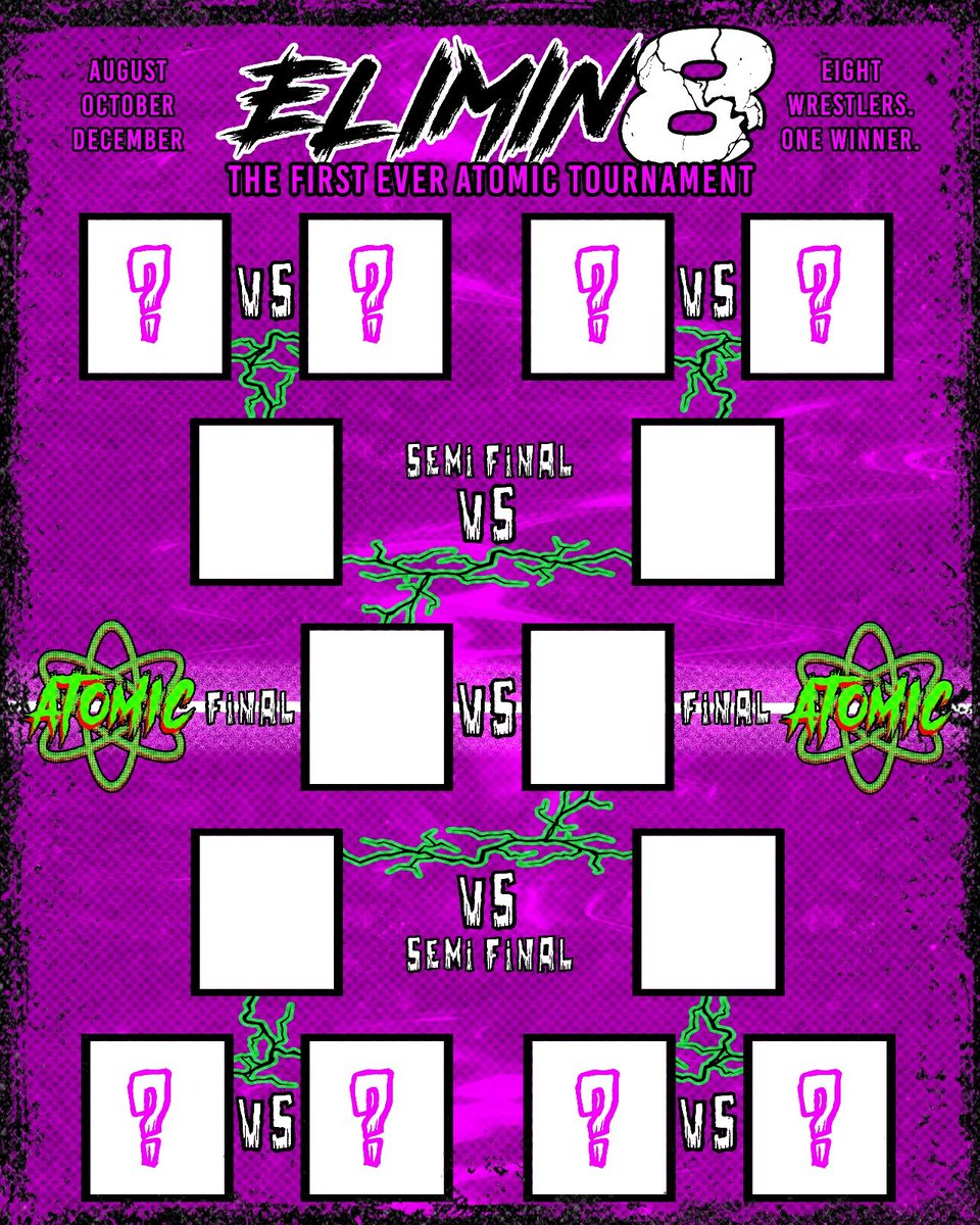 NEWS
We're doing an eight-strong KNOCK-OUT TOURNAMENT!

ELIMIN-8

Kicking off at CONTENT on Sunday 10th August, continuing in October, and wrapping up at our end-of-year December show.

WHO DO YOU WANT TO SEE IN IT?!

🎫: WRESTLEATOMIC.COM