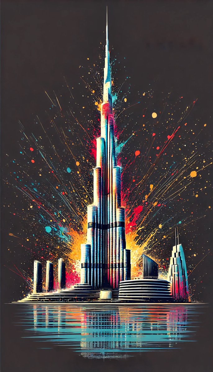SplattrEffctArt's tweet photo. Height + hype—Dubai’s icon in watercolor fireworks. Which skyline should I splatter next? https://t.co/ZBCfRSS9i2 
#ArtoftheDay #DigitalArt https://t.co/zMQsd6hTIx
