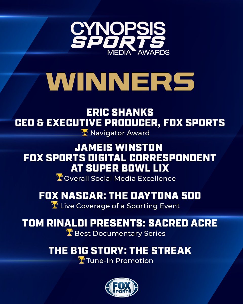 FOX Sports PR (@foxsportspr) on Twitter photo .<a href="/FOXSports/">FOX Sports</a> and <a href="/BigTenNetwork/">Big Ten Network</a> score at the Cynopsis Sports Media Awards.🏆
Eric Shanks honored with the Navigator Award, plus wins for Tom Rinaldi, <a href="/Jaboowins/">Jameis Winston</a>, and @NASCARonFOX.
Congratulations to all the 2025 #SportsMediaAwards honorees! 👏👏 .<a href="/FOXSports/">FOX Sports</a> and <a href="/BigTenNetwork/">Big Ten Network</a> score at the Cynopsis Sports Media Awards.🏆
Eric Shanks honored with the Navigator Award, plus wins for Tom Rinaldi, <a href="/Jaboowins/">Jameis Winston</a>, and @NASCARonFOX.
Congratulations to all the 2025 #SportsMediaAwards honorees! 👏👏