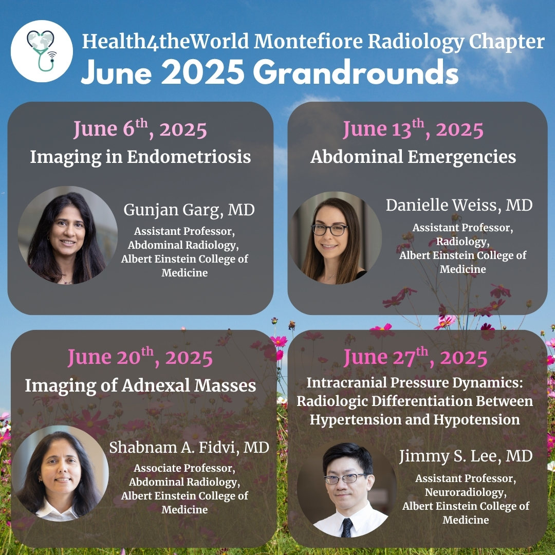 Health4TheWorld (@charityh4tw) on Twitter photo Excited to announce the June 2025 #GrandRounds lineup from the #Health4TheWorld #Montefiore Radiology Chapter, featuring faculty from <a href="/EinsteinMed/">Albert Einstein College of Medicine - Official</a> <a href="/MontefioreRAD/">Montefiore Radiology</a>
Topics: #ImagingEndometriosis, Abdominal Emergencies, #ImagingAdnexalMasses & ICP Dynamics.
Live on Zoom + YouTube. Excited to announce the June 2025 #GrandRounds lineup from the #Health4TheWorld #Montefiore Radiology Chapter, featuring faculty from <a href="/EinsteinMed/">Albert Einstein College of Medicine - Official</a> <a href="/MontefioreRAD/">Montefiore Radiology</a>
Topics: #ImagingEndometriosis, Abdominal Emergencies, #ImagingAdnexalMasses & ICP Dynamics.
Live on Zoom + YouTube.