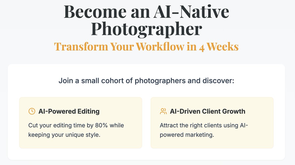 Today I'm launching a brand live streaming course:
Become an AI-Native Photographer! 
ai-native.alexonraw.com
This four-week transformative course covers all aspects of an AI-powered photography workflow (and first 20 will save BIG)!
