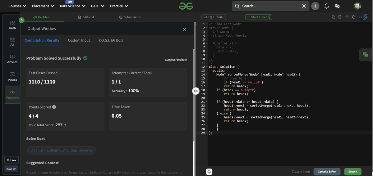 mikumaraditya's tweet image. Day 6⃣7⃣ of the #gfg160 Challenge completed!
✅Merge two sorted linked lists
#LearnInPublic #DSA #geekstreak2025
@geeksforgeeks