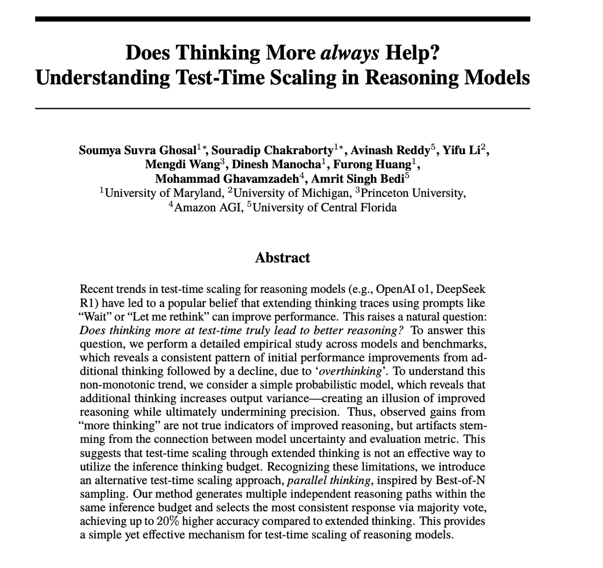 SOURADIPCHAKR18's tweet image. 🔥 Does test-time scaling in #reasoningmodels via thinking more always help?
🚫 Answer is No - Performance increases first and then drops due to #Overthinking
❓Why is this behaviour and how to mitigate
🚀 Check our recent findings #LLMReasoning
Link: arxiv.org/pdf/2506.04210