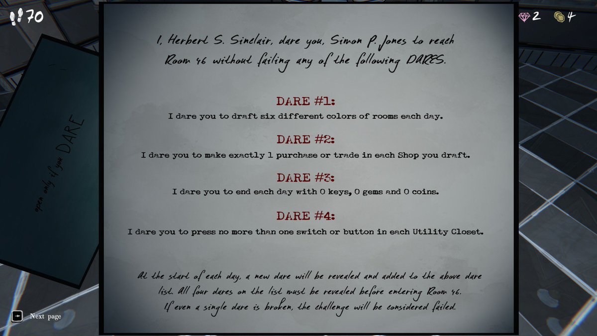 I finally beat #BluePrince on Dare Mode! 🥳 I misunderstood and thought you *had* to reach room 46 in four days, but the four days were just to activate each dare, one per day, and accumulate them. Could've saved me a lot of game-overing myself to redo the 4th day but whatevs  😅