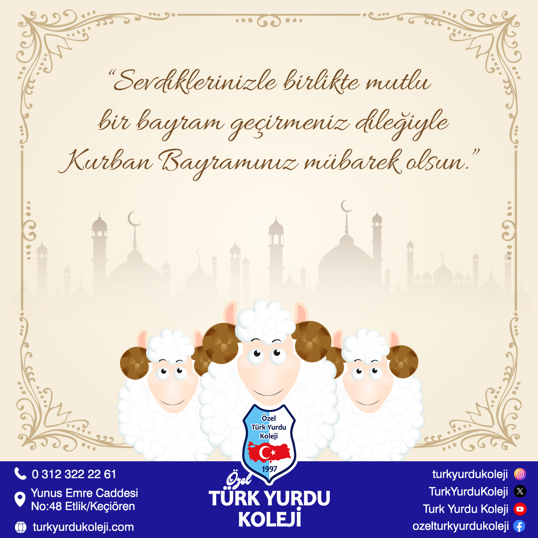 KURBAN BAYRAMINIZ MÜBAREK OLSUN

Ülkemizin ve soydaşlarımızın mutlu olduğu, sağlıklı, birlik ve beraberlik içinde bir bayram geçirmeniz dileğiyle Kurban Bayramınız mübarek olsun…

Türk Yurdu Koleji
