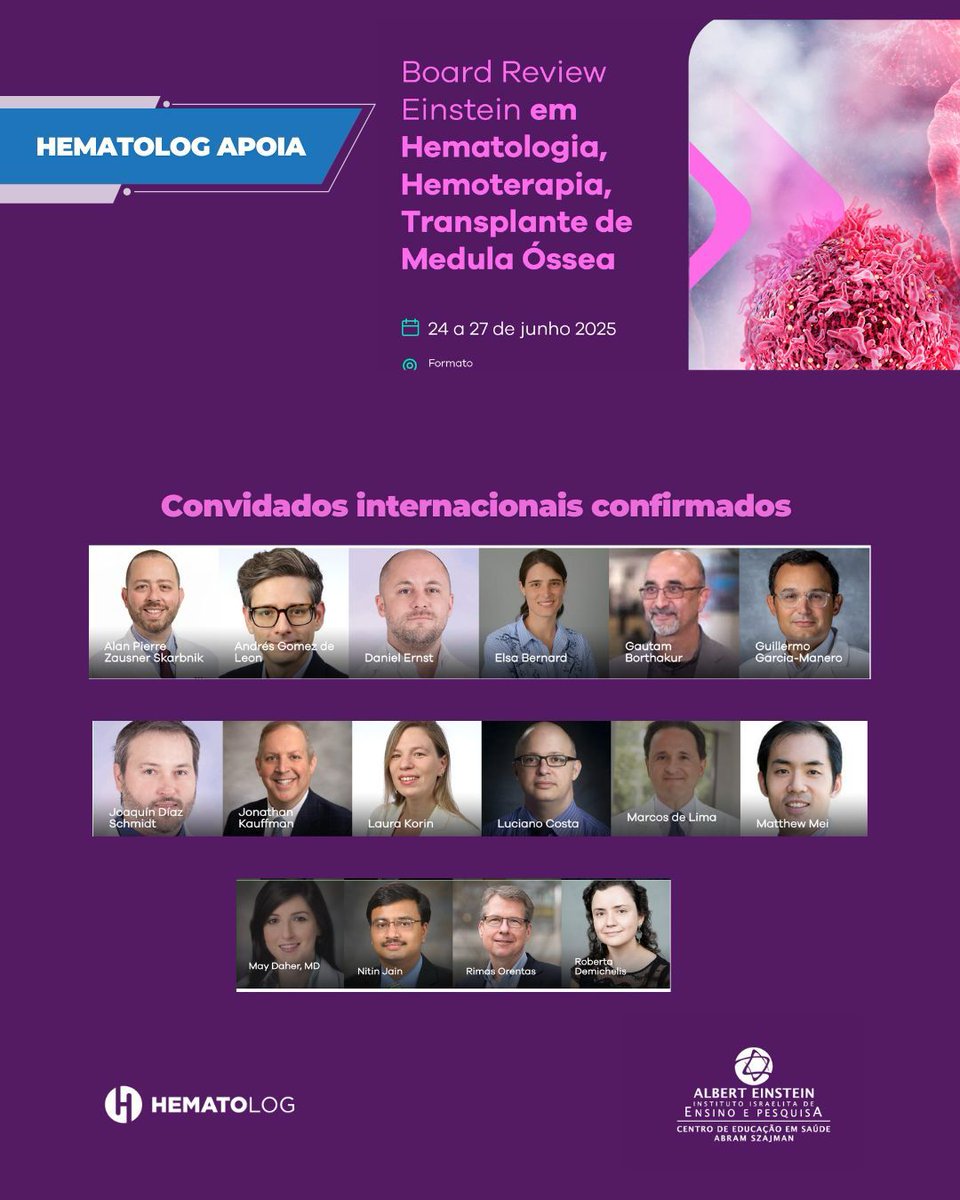 Conheça os convidados internacionais já confirmados no Board Review: XIX Curso de Revisão em Hematologia e Hemoterapia do Hospital Israelita Albert Einstein. Os usuários Hematolog têm 50% de desconto no valor. Aproveite! 

Acesse:  bit.ly/43OnVZ6