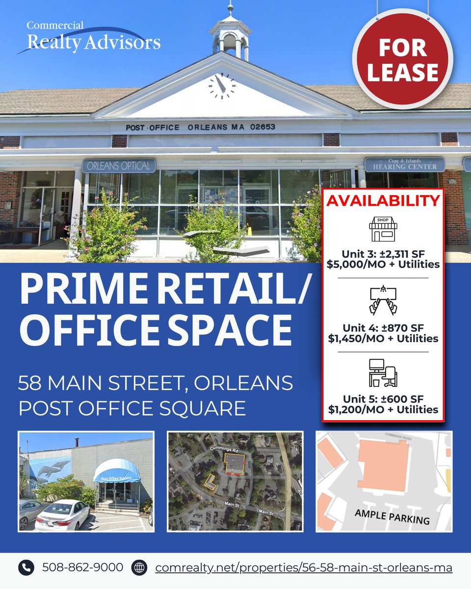 ComRealtyNet's tweet image. 🚨 Retail or Office Space Available in the Heart of Orleans Village! 🚨

Now leasing at 58 Main Street, Post Office Square! 

📞 Call Commercial Realty Advisors at 508-862-9000 to schedule a tour!

#CommercialRealEstate #RetailForLease #MainStreetOrleans