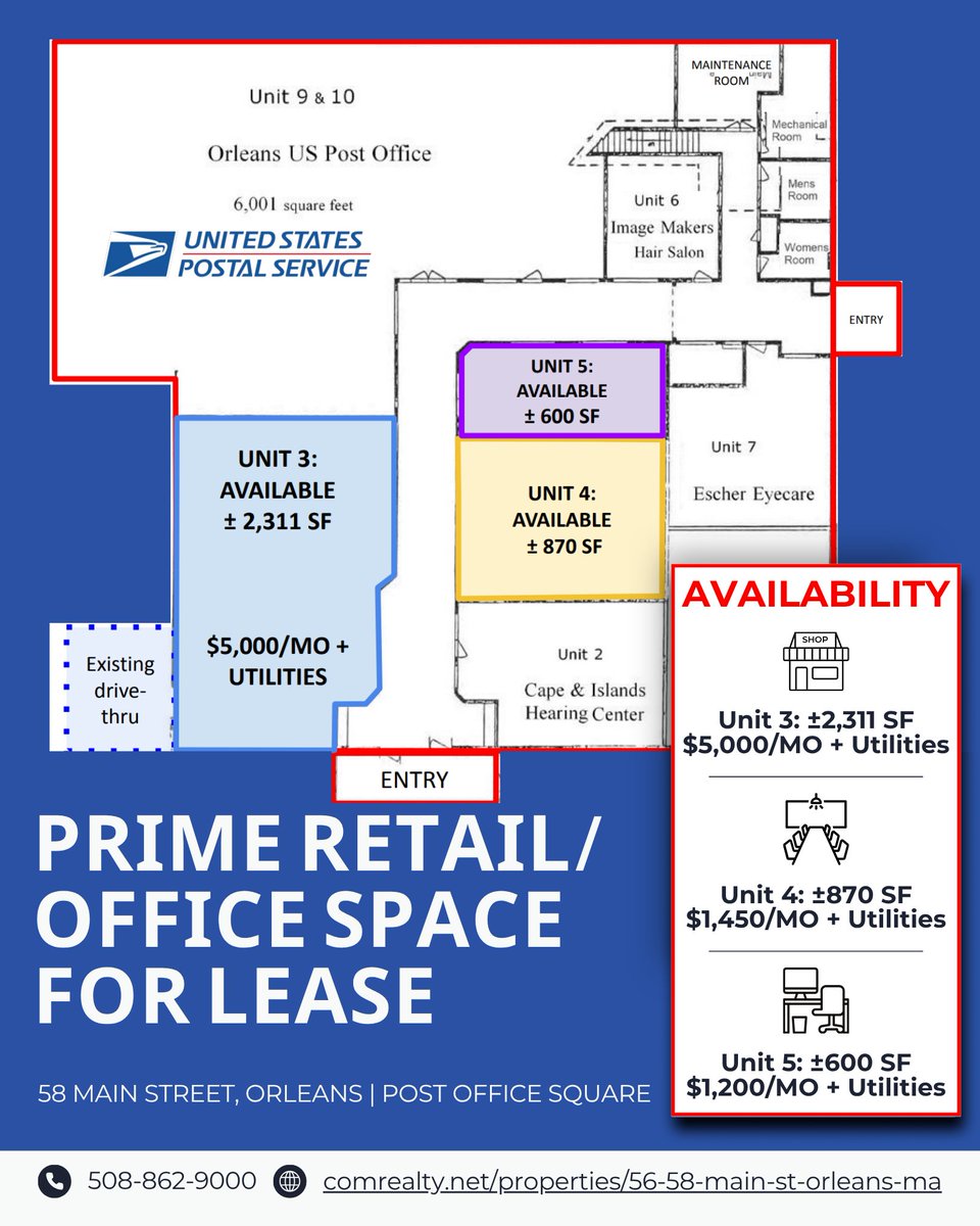 ComRealtyNet's tweet image. 🚨 Retail or Office Space Available in the Heart of Orleans Village! 🚨

Now leasing at 58 Main Street, Post Office Square! 

📞 Call Commercial Realty Advisors at 508-862-9000 to schedule a tour!

#CommercialRealEstate #RetailForLease #MainStreetOrleans