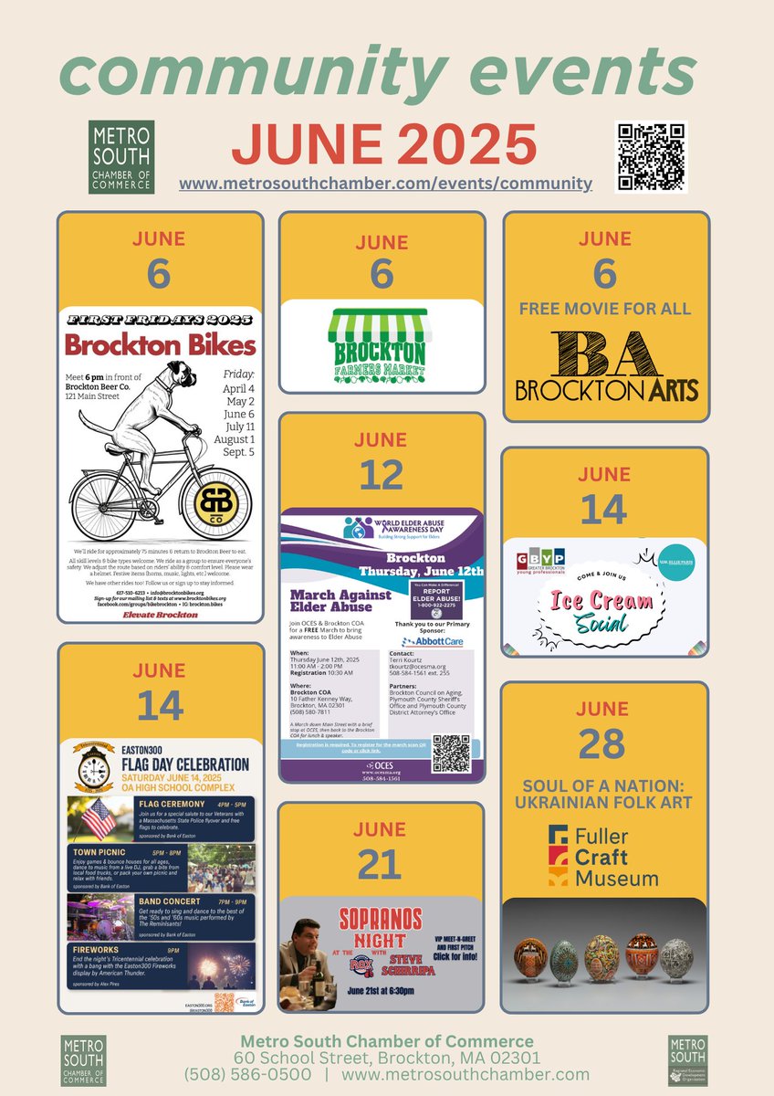 June is full of fun in Metro South! 🎉 Bikes, markets, concerts, fireworks, art, and more—don’t miss out on free and family-friendly events all month long. 🍦🎶🚲
View the full calendar: metrosouthchamber.com/events/communi…
#BrocktonMA #WhereBetterBegins #MetroSouth #EastonMA