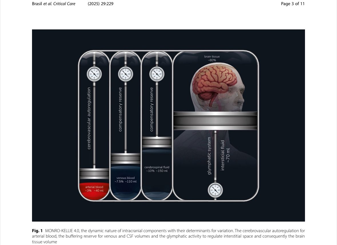 EmergPOCUS's tweet image. 🧠 ¿Conoces la evolución del concepto de #Monro-Kellie?

             🔻Aquí te lo resumo 👇

📜 Monro-Kellie original (1783 - s. XX):

🧠 Dentro del cráneo rígido, el volumen total es constante:

🔹 Está compuesto por:
  • Tejido cerebral
  • Sangre
  • Líquido