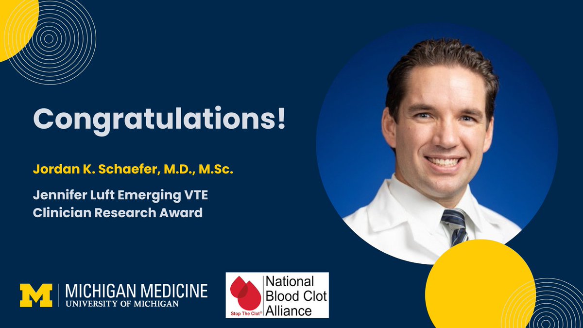 Congratulations Dr. Jordan Schaefer on receiving the Jennifer Luft Emerging VTE Clinician Research Award from <a href="/StopTheClot/">NBCA</a>! This award commends his dedication to improving quality of care for thrombotic disorders &amp; a commitment to patient-centered venous thromboembolism research.