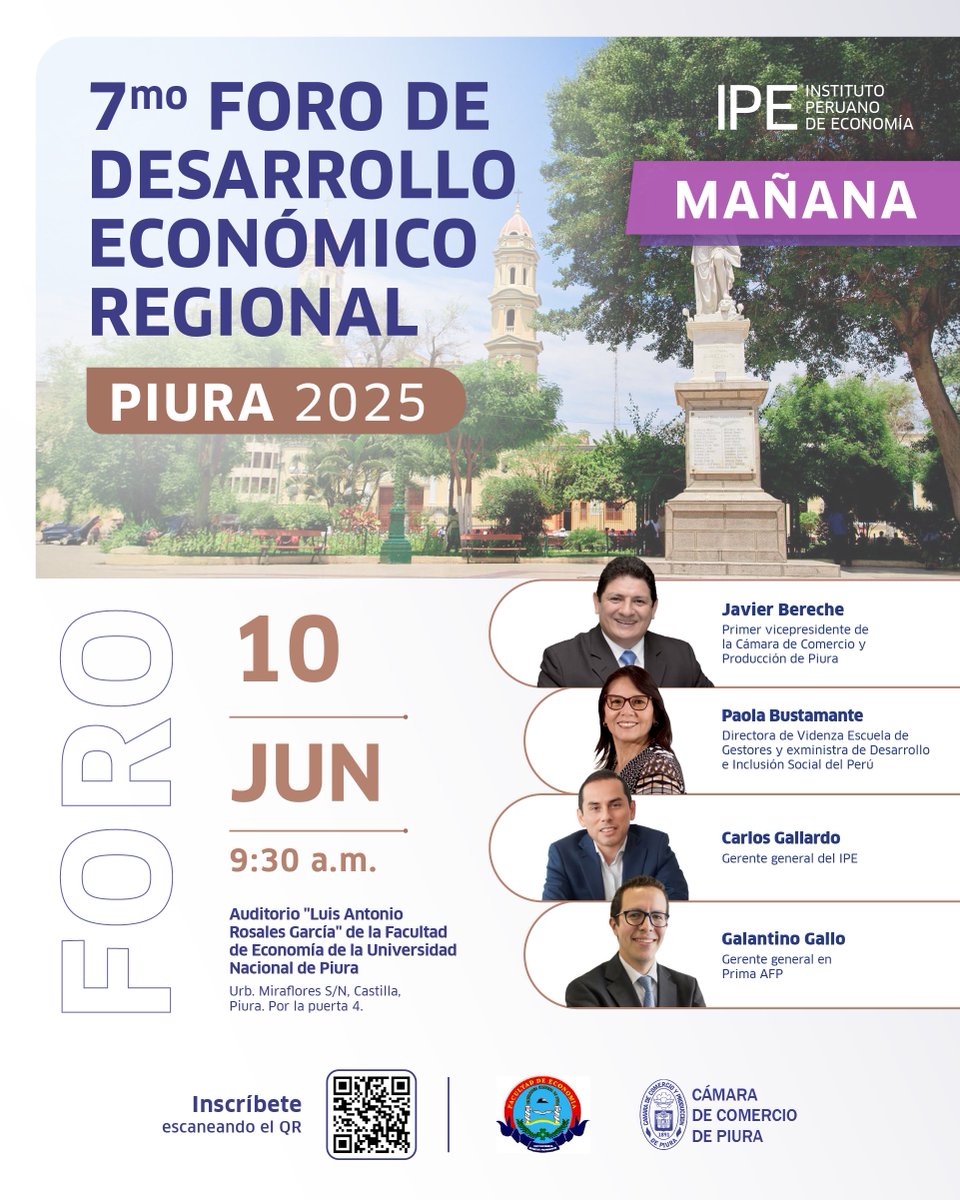 🚀 ¡Es mañana!

Todo listo para el Foro #Piura2025. Te esperamos para analizar los principales desafíos y propuestas para el desarrollo económico de la región.

🕘 9:30 a. m. | Ingreso libre
📝 Regístrate 👉 tinyurl.com/yndk8aak