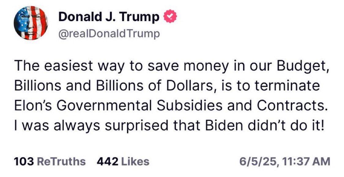 PBDsPodcast's tweet photo. 🚨BREAKING: Trump to terminate Elon’s subsidies and contracts. https://t.co/Pj1CRy2PgN