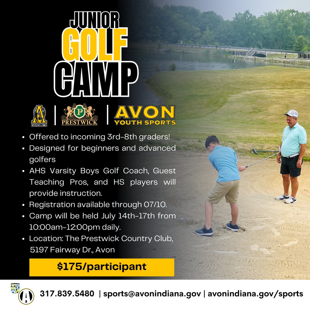 AvonINSports's tweet photo. β³ Registration is now available for Jr. Golf Camp! Offered to incoming 3rd-8th graders, camp will be held July 14th-17th. π https://t.co/WTPmv8XkDn
#AvonIndiana #AvonIndianaSports #AvonYouthSports #OneStrongCommunity https://t.co/62j0VQnSdL