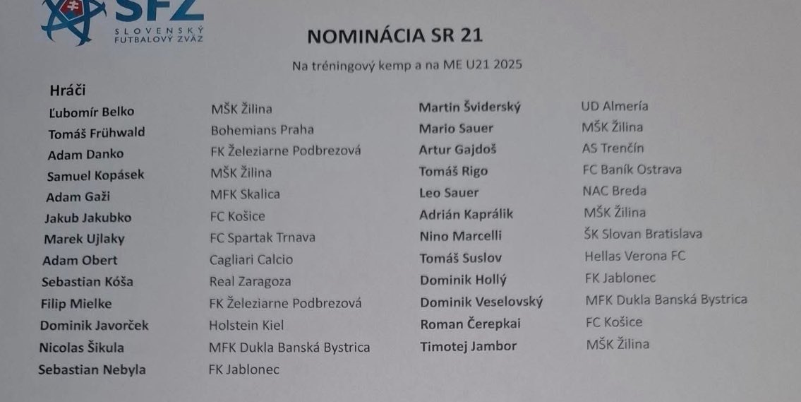 🇸🇰Slovak squad for <a href="/UEFAUnder21/">UEFA U21 EURO</a> championship
Players with <a href="/Sorare/">Sorare</a> card:

DF:
D.Javorček (🇩🇪Holstein Kiel)

MF:
M.Šviderský (🇪🇸UD Almeria)
T.Suslov (🇮🇹Hellas Verona)

FW:
L.Sauer (🇳🇱NAC Breda)

Predictions will be on <a href="/Predictorfy/">Predictorfy</a> 

#U21EURO #NFT #ETH
