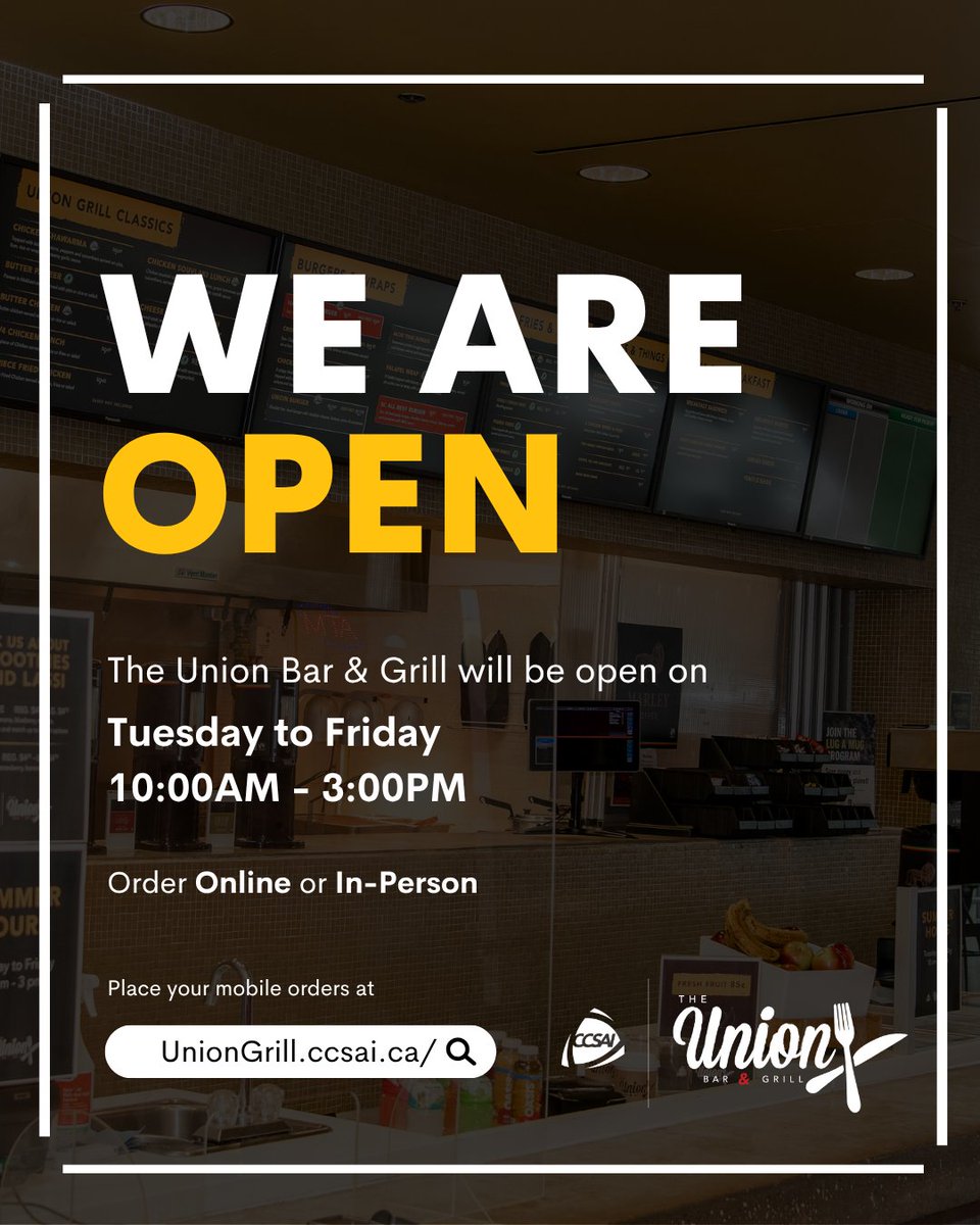 Are you celebrating convocation? We’re still open! 👋

The Union Grill is open for in-person or online orders so you can grab a bite before, during, and after the ceremony!

Celebrate your special day with both your diploma and food secured! 🎓😉