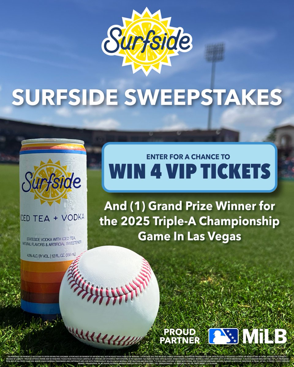 Ballgames hit better with <a href="/DrinkSurfside/">Surfside</a> ⚾️ 100 cals, 2g sugar, 0 bubbles.

Win 4 VIP tickets to see your hometown team—and a shot at the grand prize: a trip to the 2025 Triple-A Championship Game in Vegas.

Enter by July 30 at milb.com/surfside