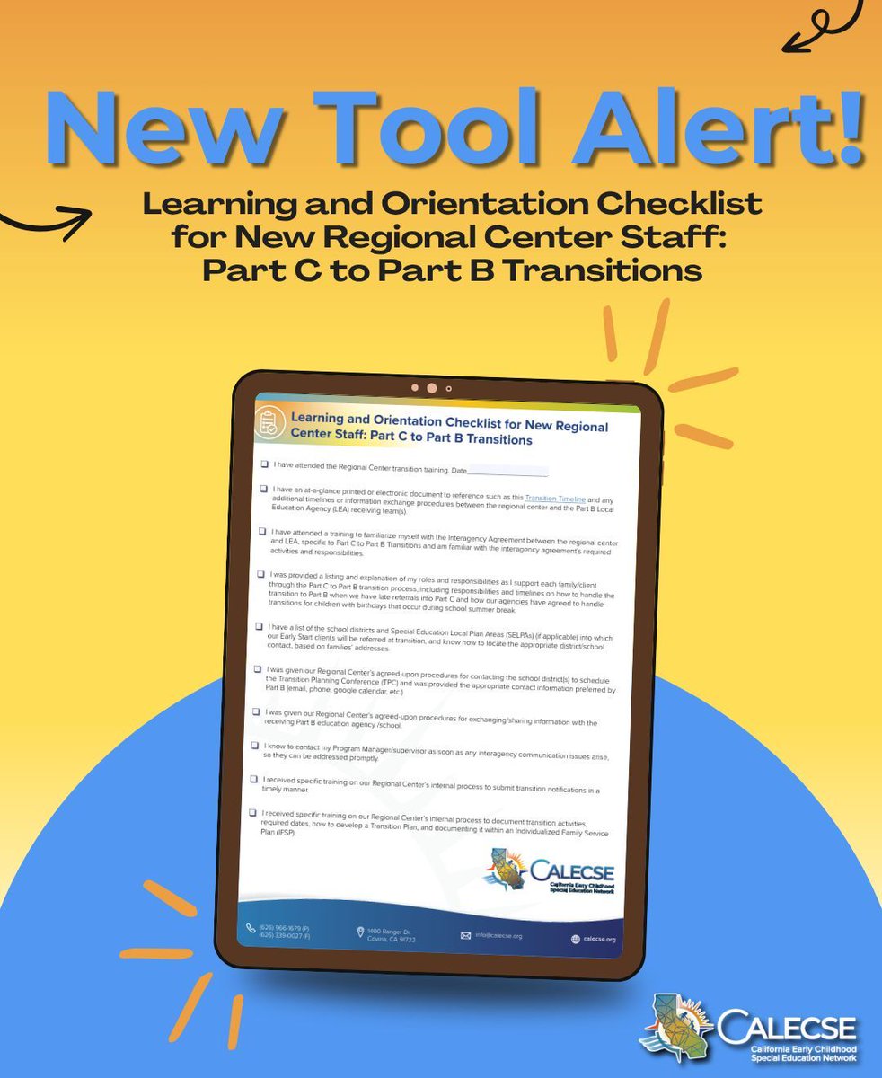 Cal_ECSE's tweet image. Attention Regional Center Partners: Here is a checklist for on-boarding new Regional Center staff and administrators involved in supporting families through the Part C to Part B transition process. You can find it on the CalECSE website: buff.ly/frgIItf