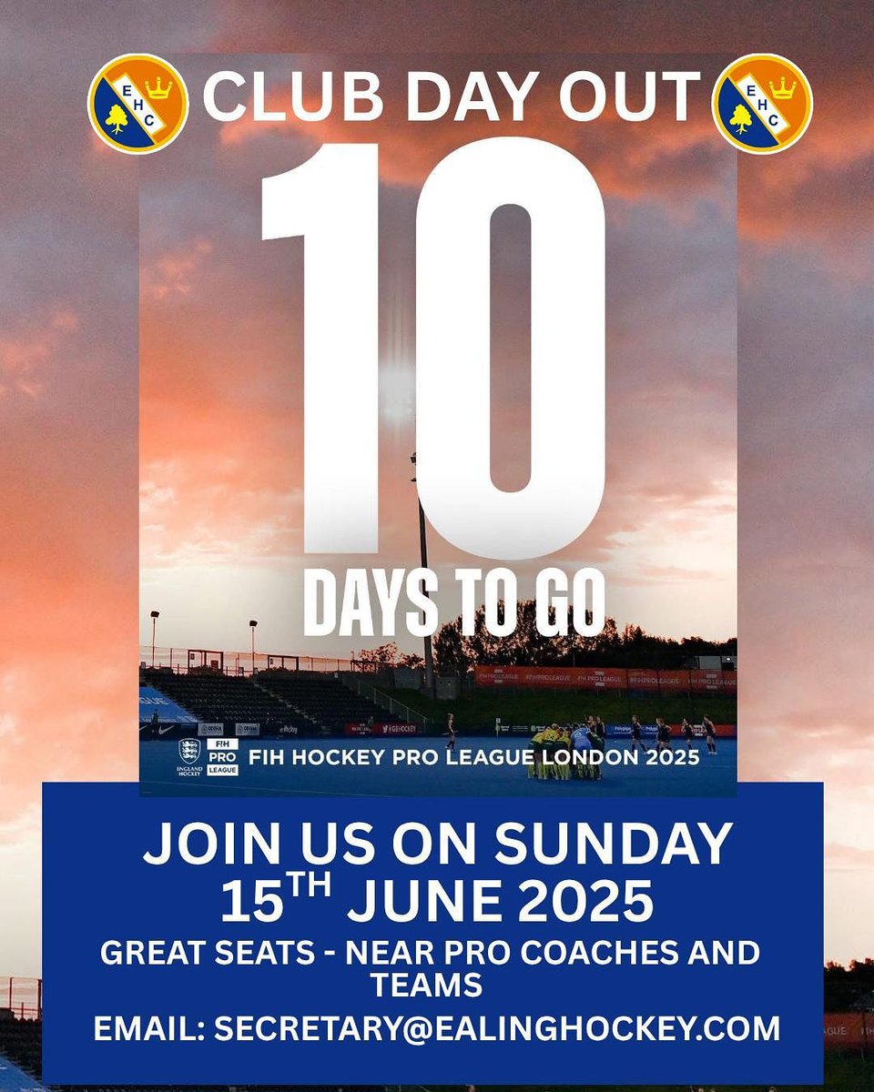 Club Day Out! Details below⬇️

Ticket includes 3 matches (including the England Squad 🏴󠁧󠁢󠁥󠁮󠁧󠁿), a festival vibe with music, food + drink tents and places to buy merch! 🥳

Club members please email secretary@ealinghockey.com to secure your tickets 🎟️