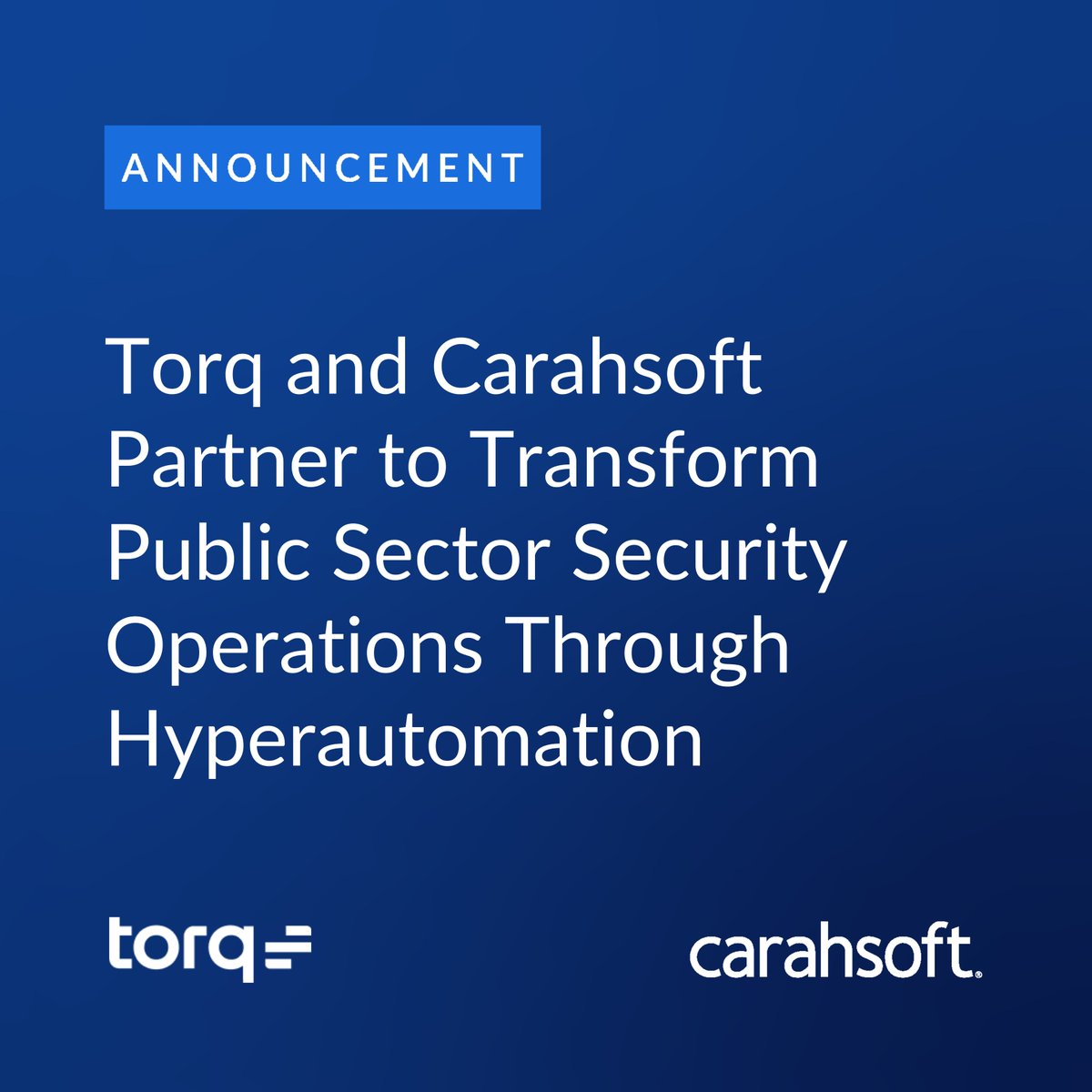 Carahsoft's tweet image. .@Carahsoft is now the Public Sector distributor for @torq_io’s #Hyperautomation solutions, providing agencies with advanced automation to enhance security &amp;amp; efficiency. Learn more: carah.io/48929