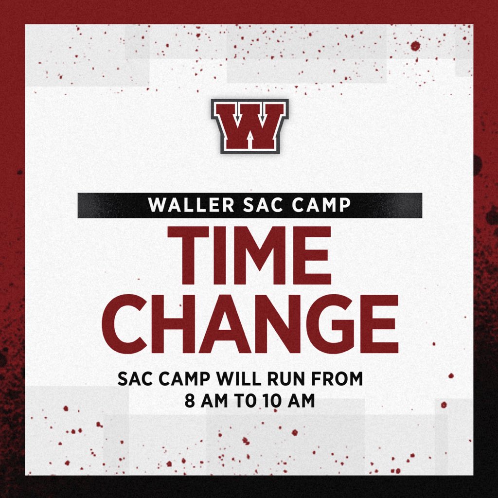 📣 Important Update for Waller High School SAC Camp! 🐾

Please note the new camp hours: 8:00 AM – 10:00 AM, effective immediately for the rest of the session. ⏰

Make sure your student arrives on time so they don’t miss out on all the fun and activities! Thank you!