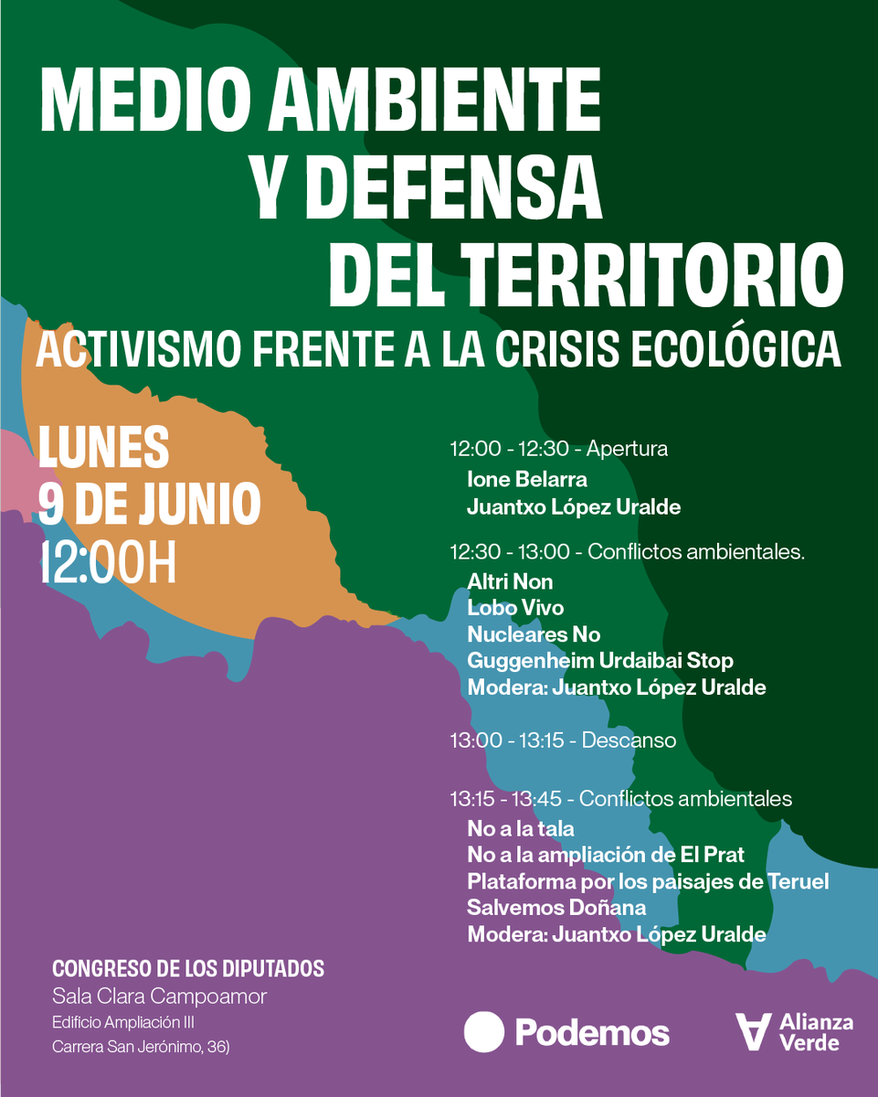 Hoy es el Día Mundial del Medio Ambiente y tenemos muy claro que las políticas ambientales deben de ser una absoluta prioridad ante la crisis ecológica a la que nos enfrentamos.

Este lunes hemos organizado estas jornadas en el Congreso. Apúntate y vente. docs.google.com/forms/d/e/1FAI…
