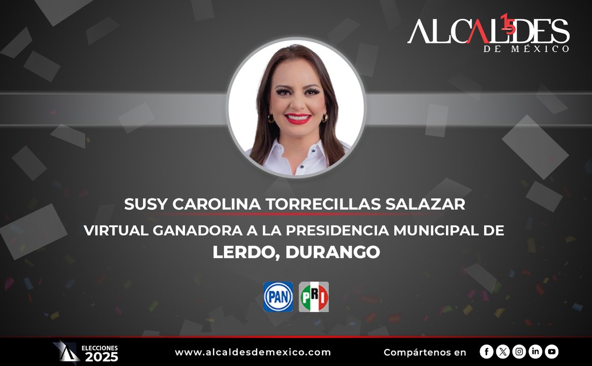 Alcaldes de México (@alcaldesmexico) on Twitter photo De acuerdo con los resultados preliminares #PREP, Susy Torrecillas (<a href="/SCTorrecillas/">Susy Carolina</a>) obtuvo el respaldo mayoritario de la ciudadanía en el municipio de Lerdo, #Durango. #Elecciones2025MX De acuerdo con los resultados preliminares #PREP, Susy Torrecillas (<a href="/SCTorrecillas/">Susy Carolina</a>) obtuvo el respaldo mayoritario de la ciudadanía en el municipio de Lerdo, #Durango. #Elecciones2025MX