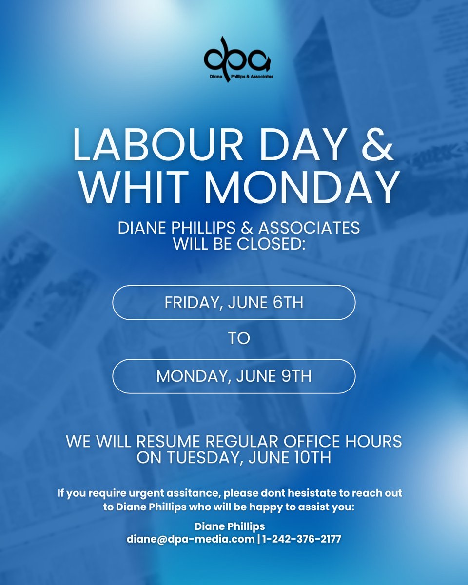 Please take note of our office hours for the Labour Day &amp; Whit Monday holiday weekend! ⁠Our office will be closed on June 6th, and will remain closed through Whit Monday, June 9th. We will resume regular operations on June 10th.⁠ We wish you a safe &amp; restful, holiday weekend.