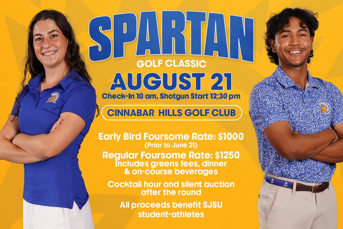 SJSUAthletics's tweet image. 🏌️♂️ Tee Off for a Great Cause! 🏌️♀️
Join us for the Spartan Golf Classic on August 21 — a day of golf, fun, and community spirit!
📅 Date: Wednesday, August 21
📍 Location: Cinnabar Hills Golf Club
🔗 Sign up now: giving.sjsu.edu/s/1771/16/givi…
#AllSpartans