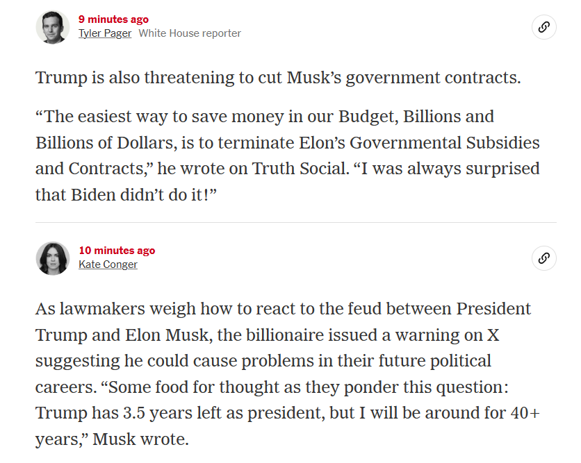 greggieboyLRG's tweet photo. When there is no clear 'greater good' as a reference frame... bad players will work to destroy each other.  @nytimes juxtaposes these two threatening each other today...  challenging each other on who will be the biggest LOSER.  Meantime, real people get hurt. #Trump #Musk https://t.co/d8twppvyfV