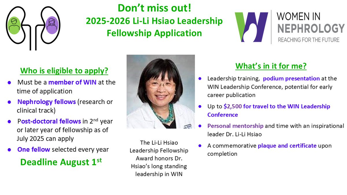 🚨 Applications now open for the 2025–2026 Dr. Li-Li Hsiao Leadership Fellowship!

-  For nephrology &amp; postdoc fellows
-  Leadership training, $2.5K travel stipend, podium presentation, &amp; mentorship

Deadline: Aug 1, 2025

Download application form here: drive.google.com/file/d/1WffOb7…