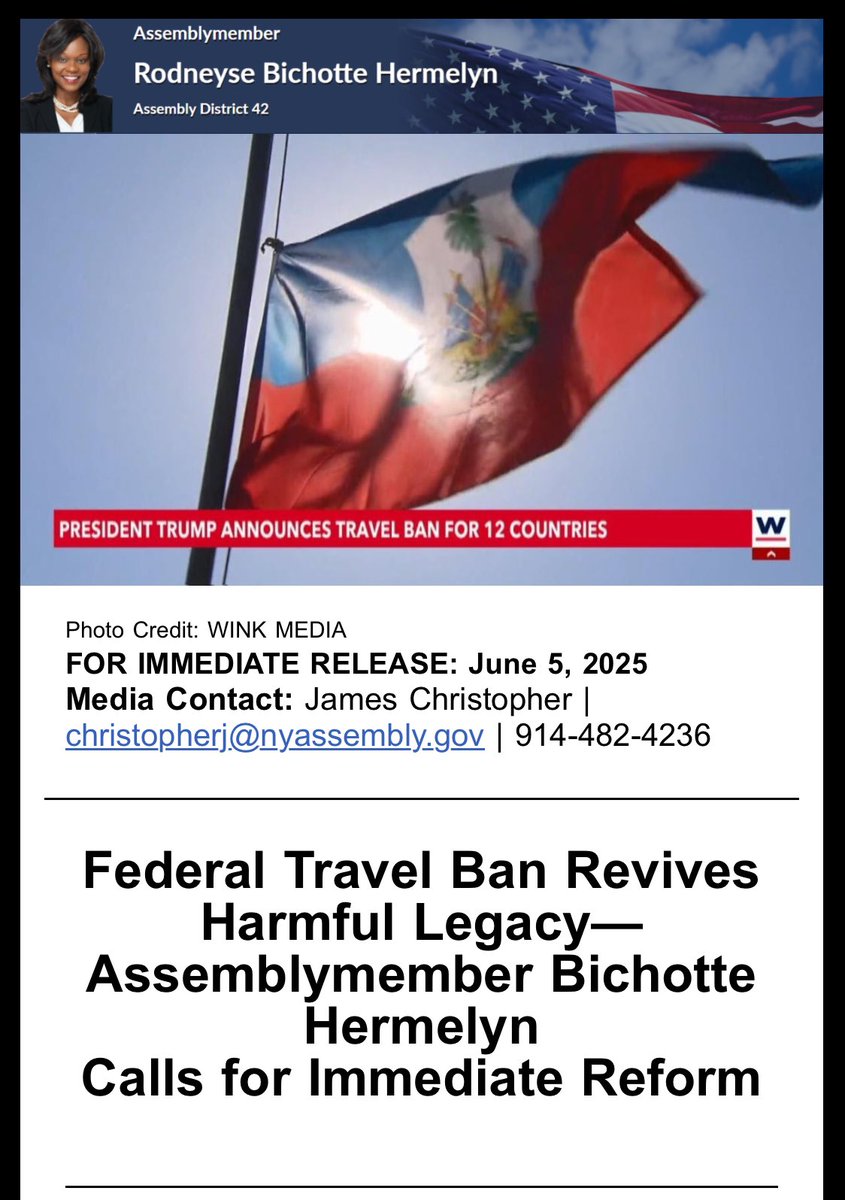 NYSBichotteHerm's tweet image. (Brooklyn, NY) — Assemblymember Rodneyse Bichotte Hermelyn releases the following statement in response to President Trump and the Department of Homeland Security enacted a travel banprohibiting citizens of 12 countries - including Haiti - from entering the U.S., while also…