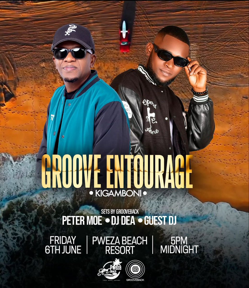 Hakingowi's tweet photo. 📍Kigamboni

This Friday 6th June, Join us for Groove Entourage at Pweza Beach Resort📍due to demand from residents of Kigamboni🤓 for the first time  @peterGrooveback 

Bring your friends! Don't miss out...🏝️

#GrooveEntourage #Grooveback #PeterMoe https://t.co/vXsOcLf4D7