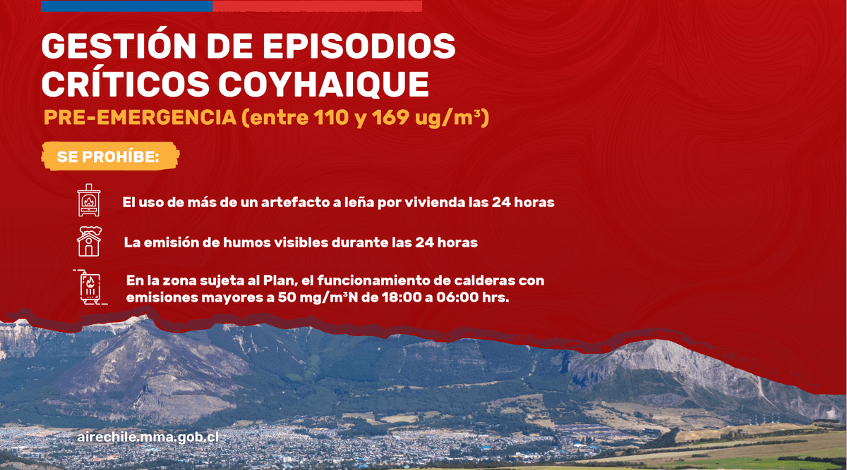 La Delegación Presidencial Regional de Aysén declara que para este VIERNES 6 de junio, el pronóstico de calidad del aire en Coyhaique será 
PRE EMERGENCIA
Para mayor información visita la página web    airecoyhaique.mma.gob.cl