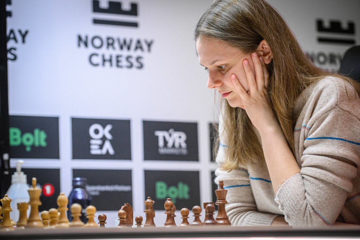 NorwayChess's tweet photo. ANNA takes down JU WENJUN! 🔥

A big classical win with Black against the Women's World Champion puts Anna Muzychuk in SOLE LEAD with 15.5 points at #NorwayChess Women, two points ahead of Humpy.
One round to go. 😱

📷 Norway Chess / Michal Walusza https://t.co/PWzn6GahRC