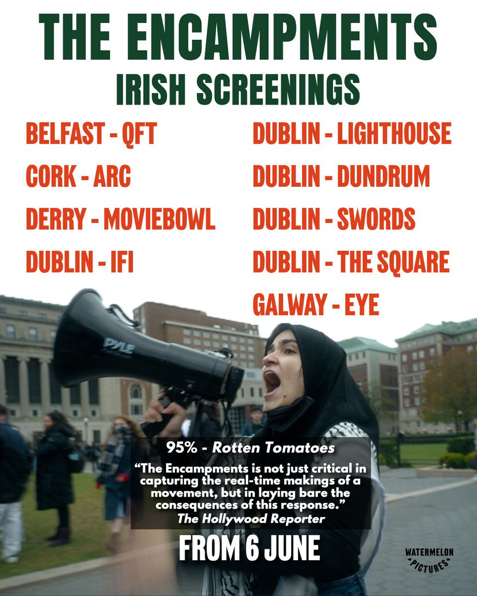 IPSC (@ipsc48) on Twitter photo Tomorrow! We're excited announce that THE ENCAMPMENTS opens this Friday in Dublin, Cork, Galway, Derry and Belfast - and runs until the 12th June. #FreePalestine
Opening in <a href="/LightHouseD7/">Light House Cinema</a> panel hosted by Sinéad O'Shea, the film's director, TCD SU President and our Vice Chair Tomorrow! We're excited announce that THE ENCAMPMENTS opens this Friday in Dublin, Cork, Galway, Derry and Belfast - and runs until the 12th June. #FreePalestine
Opening in <a href="/LightHouseD7/">Light House Cinema</a> panel hosted by Sinéad O'Shea, the film's director, TCD SU President and our Vice Chair