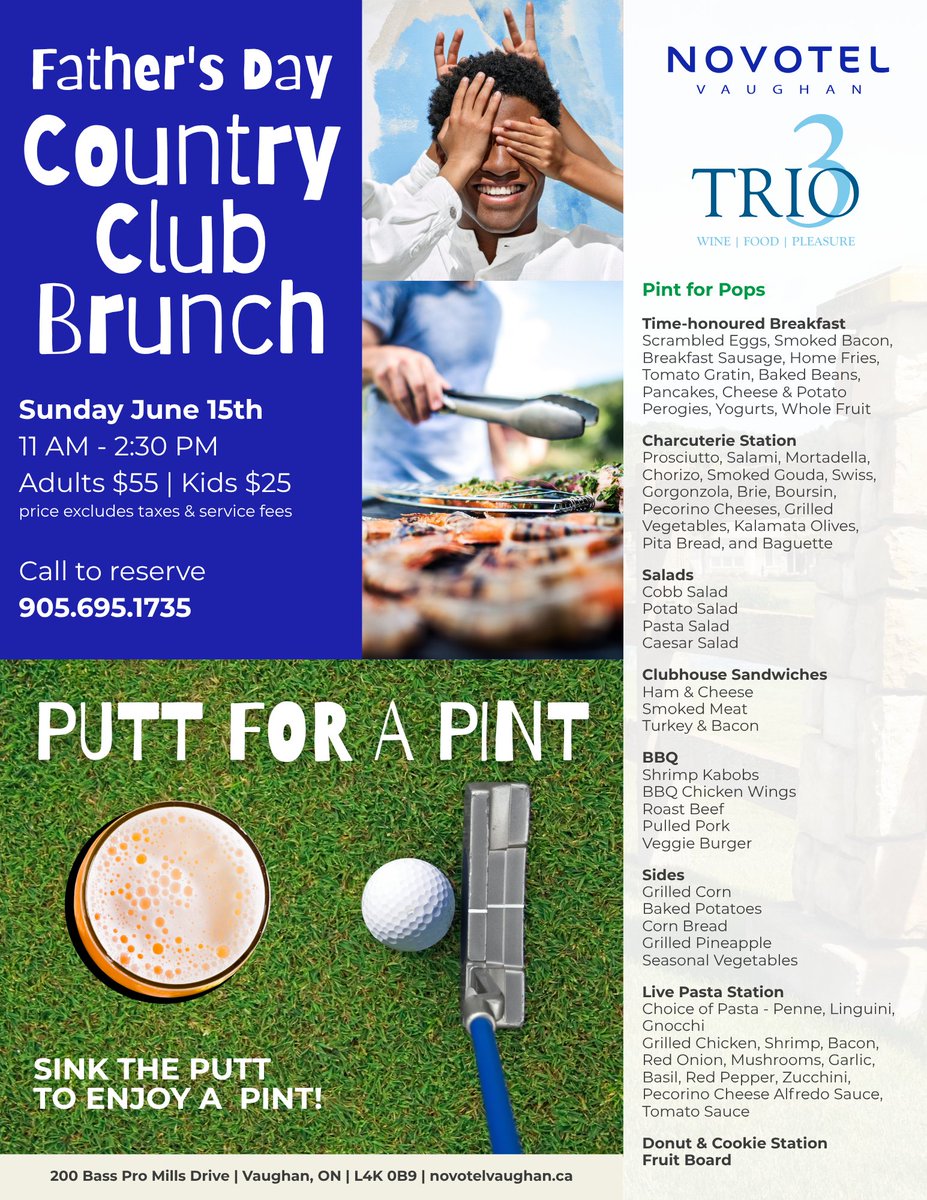 Join us for a very special Father's Day Brunch at Trio Restaurant on Sunday, June 15.

Enter for a chance to WIN a golf ⛳️ package for two at  <a href="/EaglesNestGolf/">Eagles Nest Golf Club</a>

Plan ahead reservations: 
📞 905.695-1735 
🌐 novotelvaughan.ca 

#FathersDay
