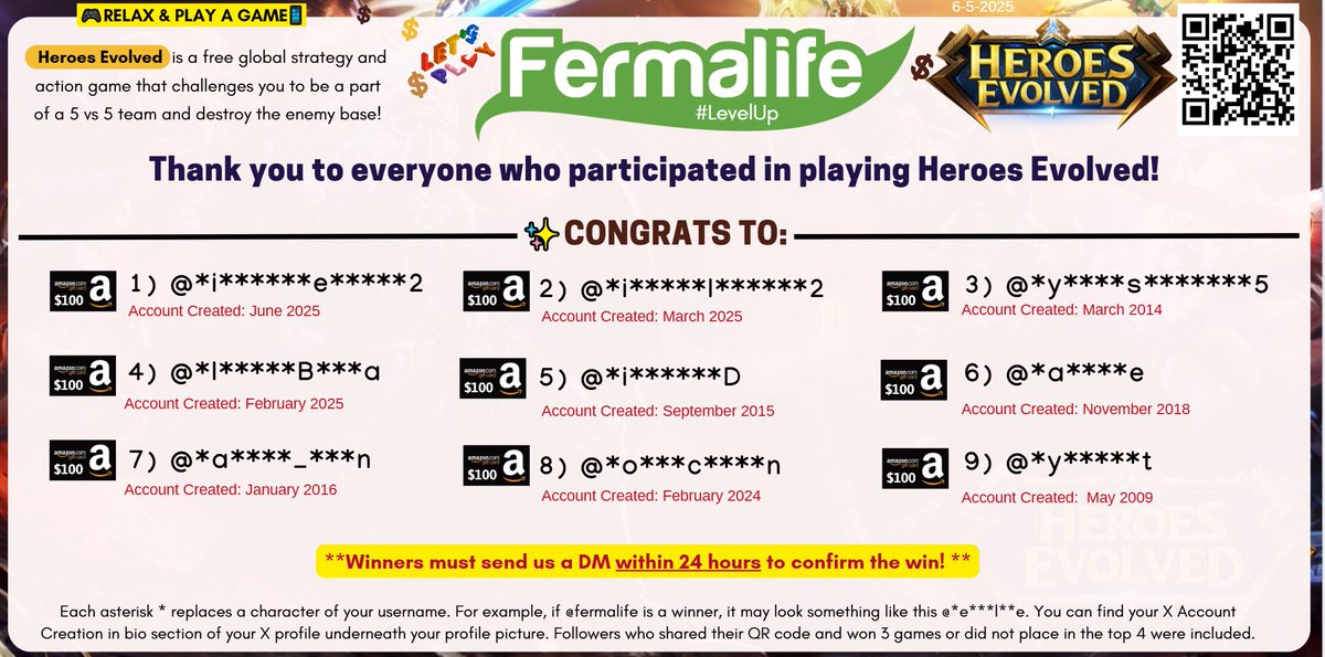 🕹️Here are the winners who shared their #HeroesEvolved QR Code✨CONGRATS! These 9 followers who played the game just won a $100 #AmazonGiftCard🔎CHECK the image below to see if you are a winner. DM us within 24 hrs to confirm the win! fermalife.com/levelup