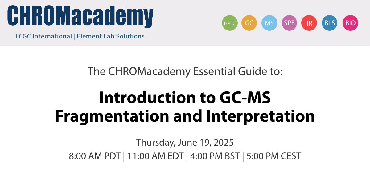 LCGC International (@lc_gc) on Twitter photo Introduction to GC-MS Fragmentation and Interpretation 
Master the principles of fragmentation for accurate structural interpretation using GC-MS.
Register now: hubs.ly/Q03nXCFS0 Introduction to GC-MS Fragmentation and Interpretation 
Master the principles of fragmentation for accurate structural interpretation using GC-MS.
Register now: hubs.ly/Q03nXCFS0
