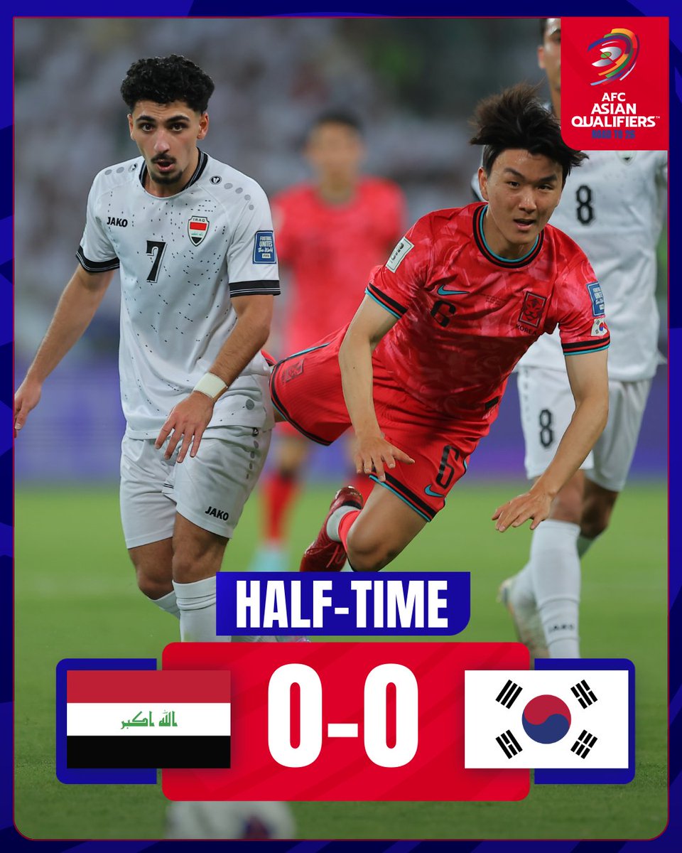 HT | 🇮🇶 Iraq 0️⃣-0️⃣ Korea Republic 🇰🇷 

The hosts have a big task ahead with ten men. Can the visitors capitalise on the advantage?

Watch Live 📺 gtly.to/8gLPUEOps 

#AsianQualifiers | #IRQvKOR