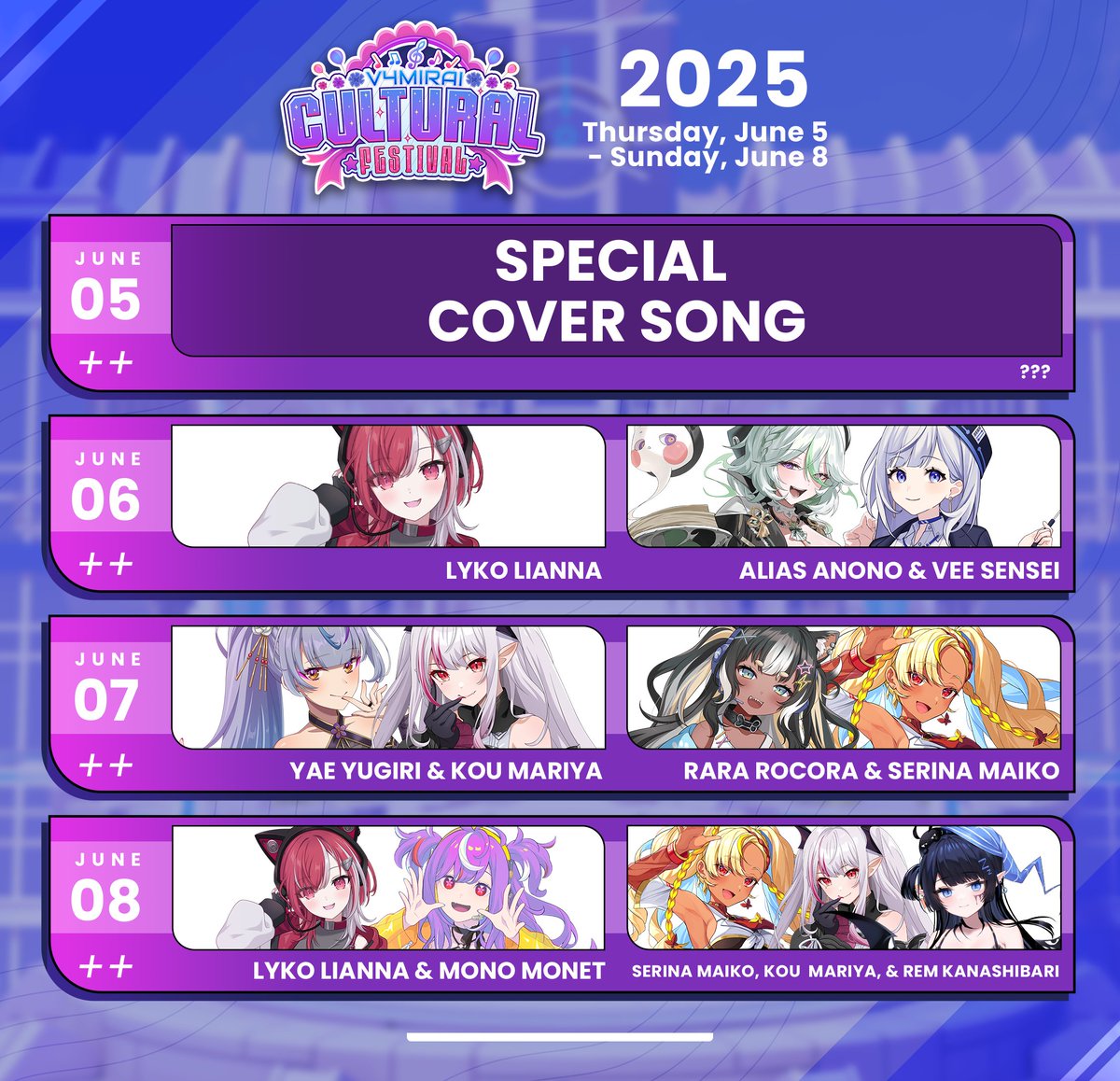 📣 Weekend 2 of the #V4CulturalFestival is jam packed with events! Stay tuned for karaoke relays, music videos, birthdays, and merch!

Are you ready for today's festivities?
⚡️ Voltail Karaoke Relay | 17 PDT
⁉️ Special Cover Song Reveal | 21 PDT
🛍️ Merchandise Release | 21 PDT