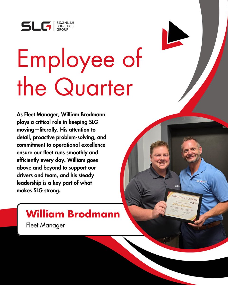 👏 A big congratulations to William Brodmann, our Employee of the Quarter! Thank you for everything you do! 

#employeeofthequarter #teamSLG #businesslikefamily #proudofourteam #weloveourteam #SavannahLogisticsGroup #themindsbehindlogistics #logisticssolutions