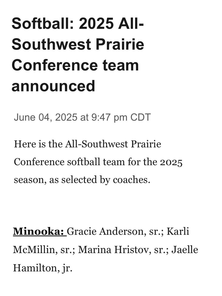 bgh23's tweet photo. Congratulations to the Minooka All-Conference team! These 2 young ladies have played together in travel &amp; school softball for 10+ years. Love seeing them both end their high school careers making the all conference team. 💛🥎@marihristov @ggracieanderson https://t.co/a3BBlW8ulF
