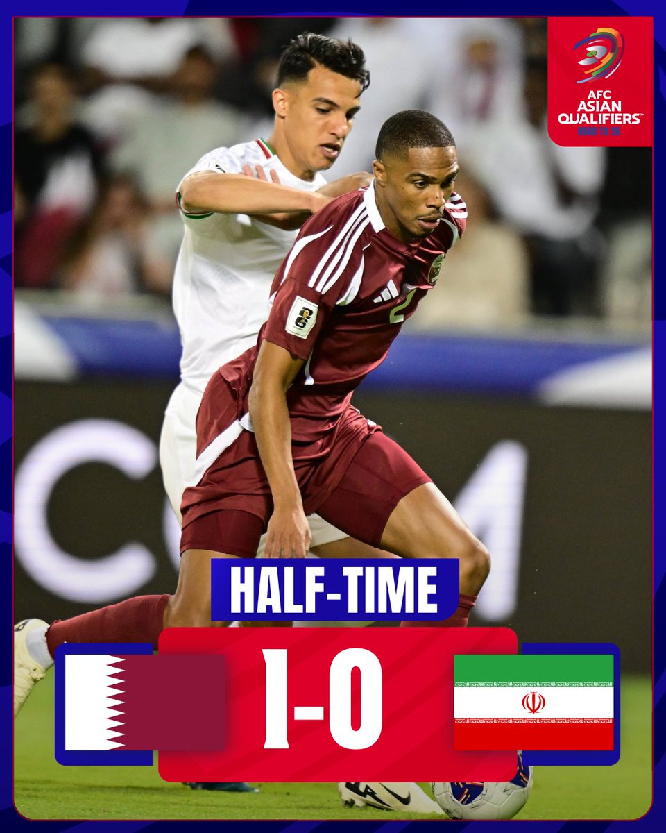 HT | 🇶🇦 Qatar 1️⃣-0️⃣ IR Iran 🇮🇷

First half done and the hosts hold the advantage.

One goal up and everything still to play for in Doha! ⚡️

#AsianQualifiers | #QATvIRN