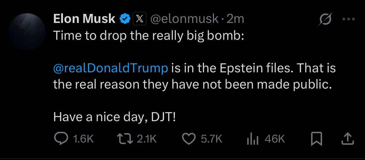 OMG. 

THIS IS INSANE.

ELON SAYS TRUMP IS IN THE EPSTEIN FILES.